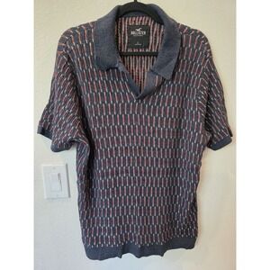 Hollister Mens Knit Polo Shirt Sz L Fitted Heather Blue Rust Brown Geo Print